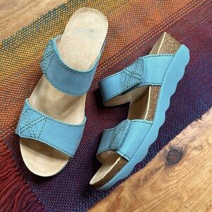 Dansko turquoise suede Velcro strap wedge sandals